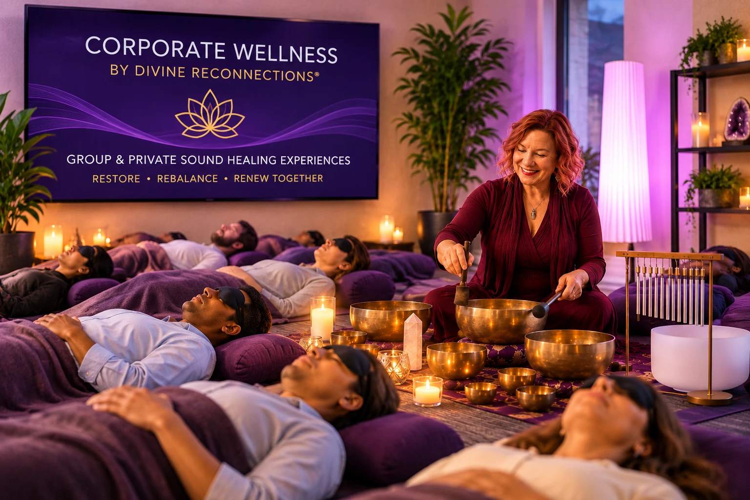 Corporate wellness sound bath by Divine Reconnections, with team members resting as singing bowls are played