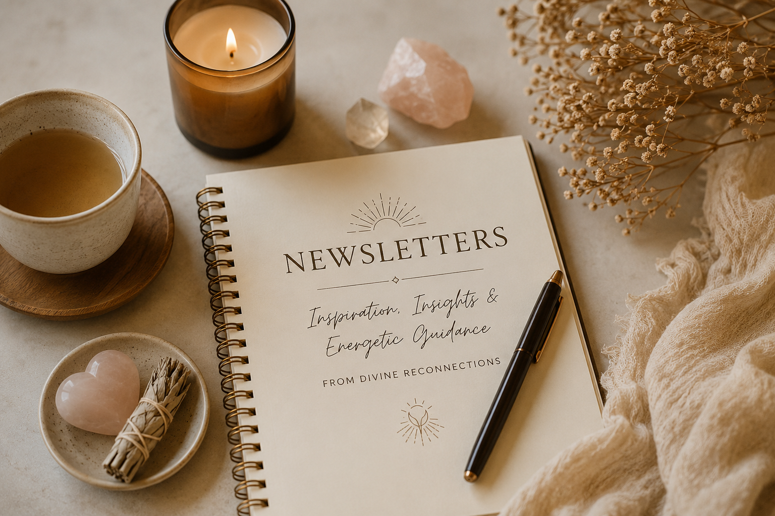 Newsletter journal with candle and crystals
